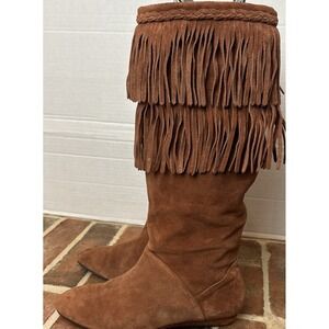 GIANNI BINI WOMEN'S Size Sz 8m Fringe Boots Suede BROWN Tan Shoes Boho (T27)